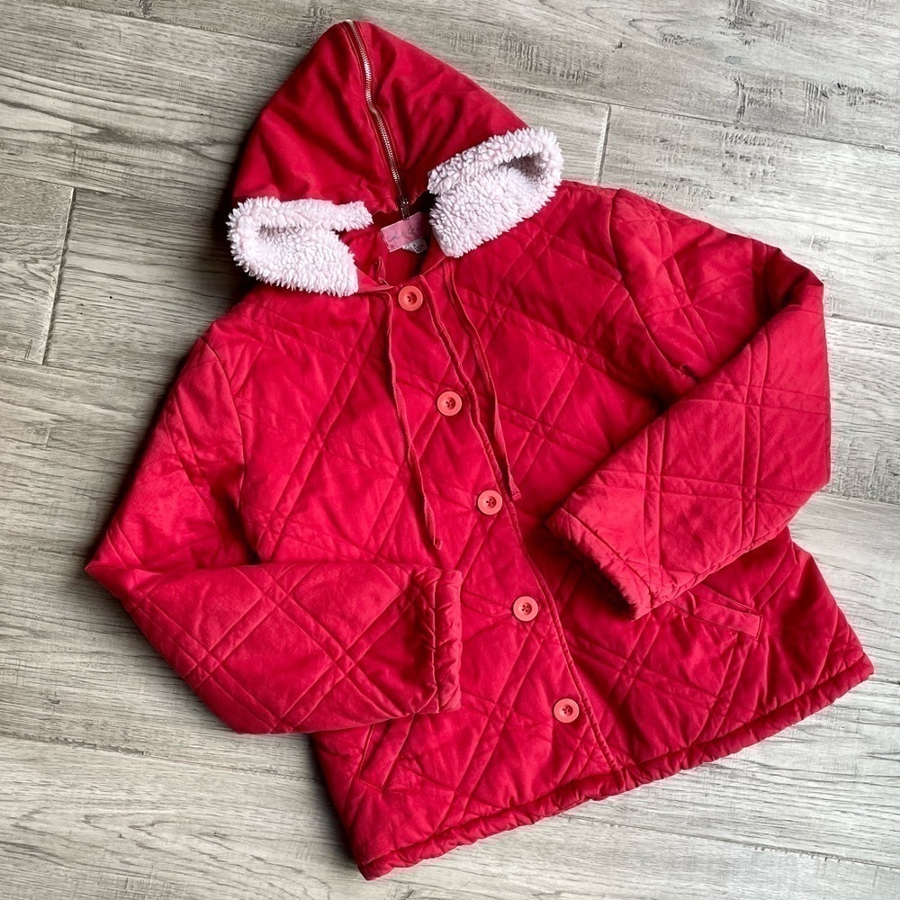 Quilted Cotton Heavy Jacket Color Bold Red Light Pink Sherpa Lined Hood SZ L/XL